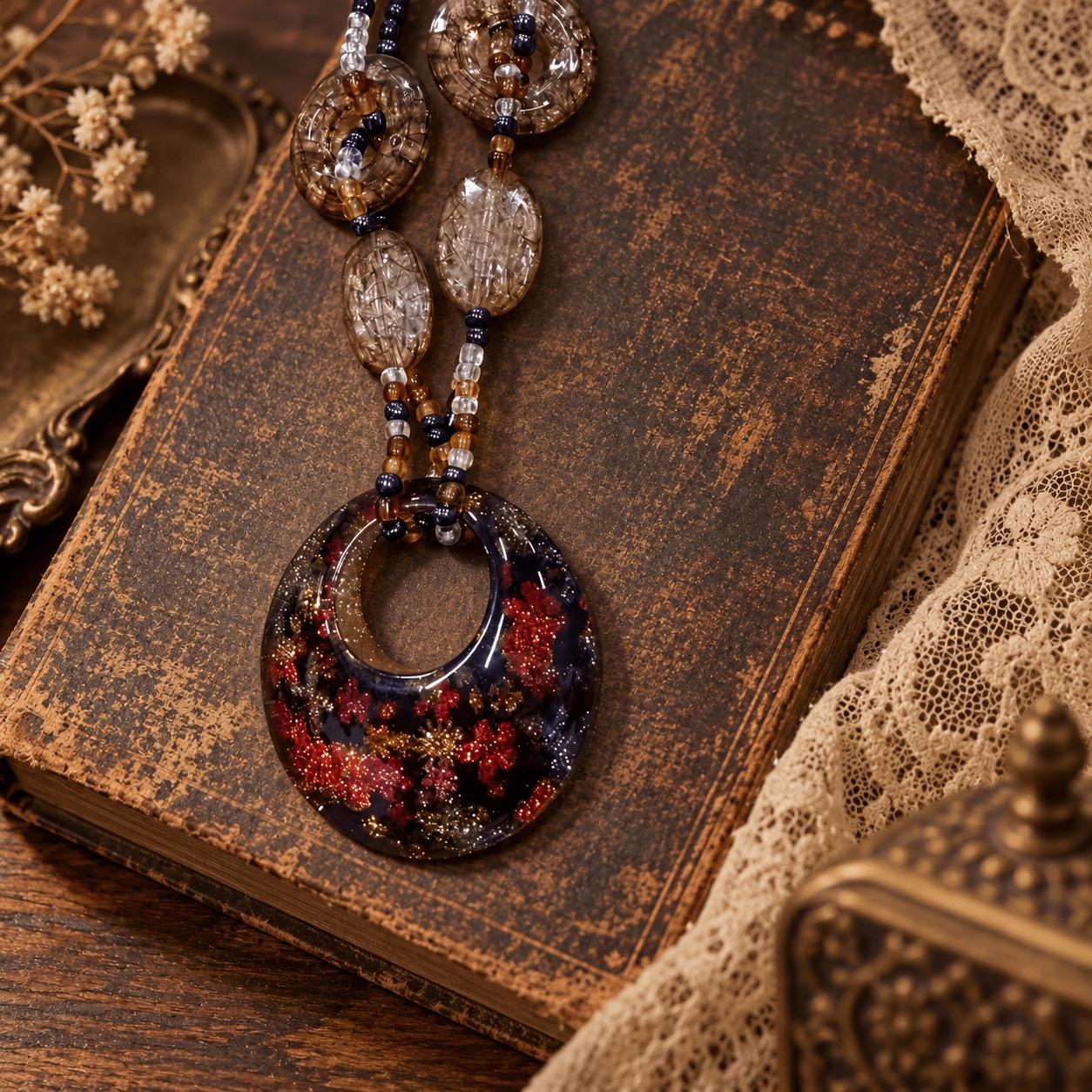 Boho Resin Hollow Circle Pendant Long Necklace